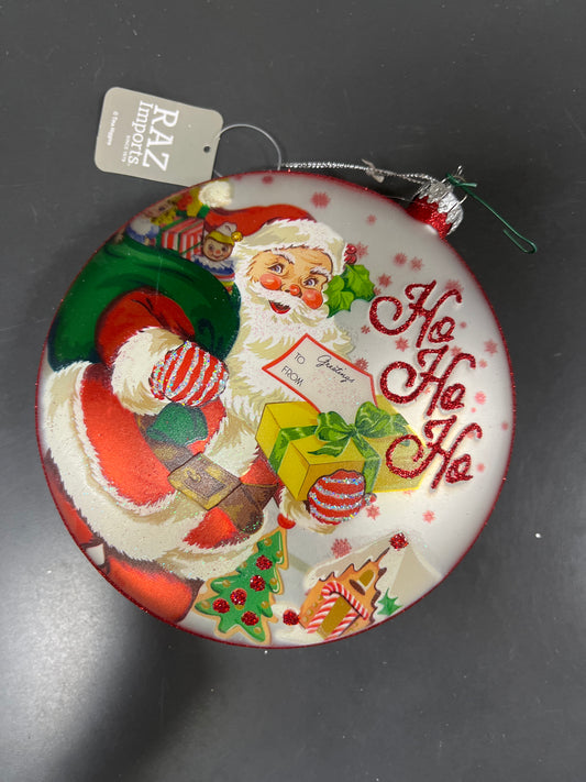 LARGE FLAT ROUND SANTA HO HO HO ORNAMENT