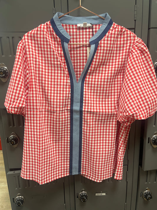 RED GINGHAM WITH TWO-TONE DENIM CONTRAST TRIM SHORT SLEEVE BLOUSE