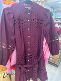 MERLOT EYELET TRIM DRESS W/PEARL BUTTONS