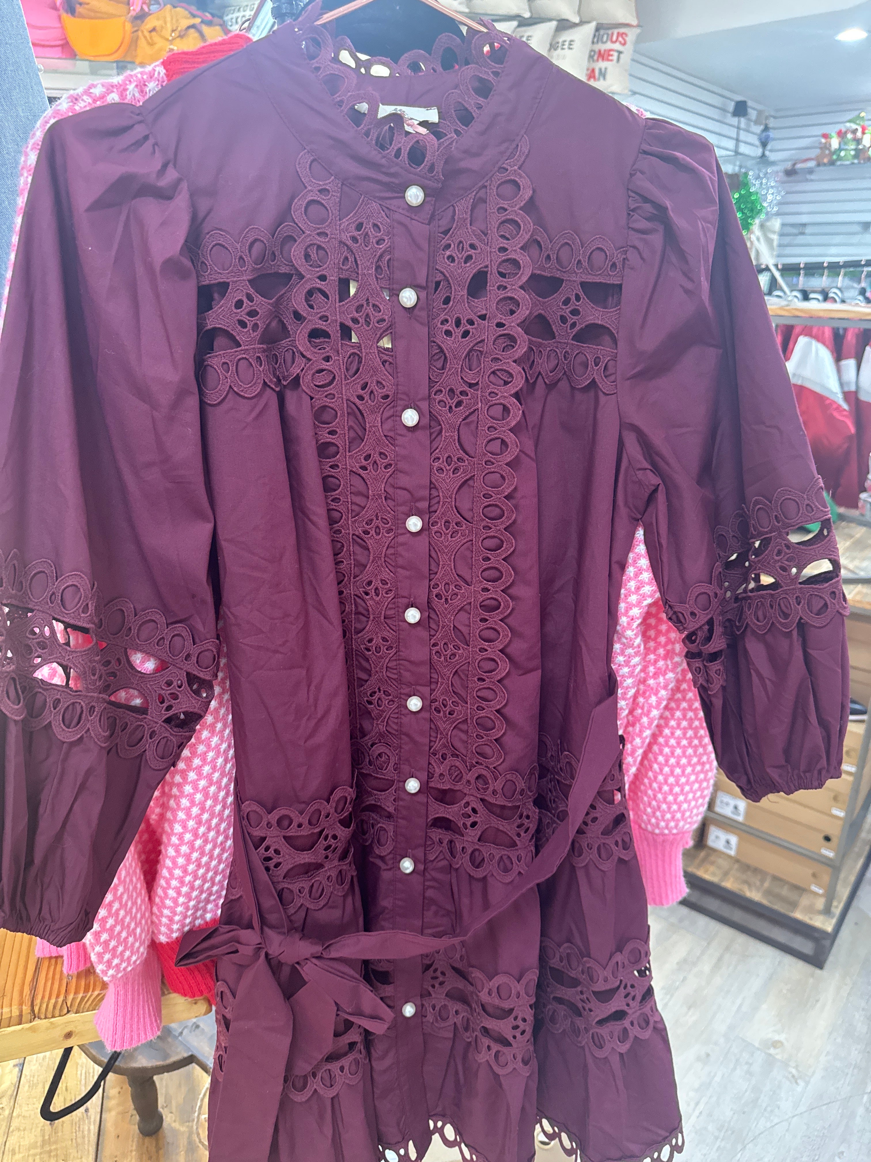 MERLOT EYELET TRIM DRESS W/PEARL BUTTONS