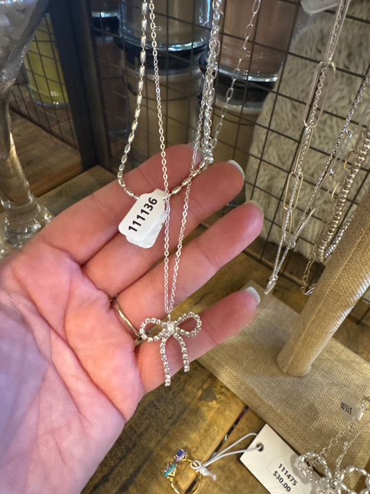 SILVER CHAIN W/RHINESTONE BOW 16-18" NECKLACE