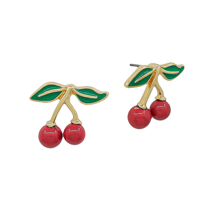 Gold with Red Cherries Stud .5" Earring