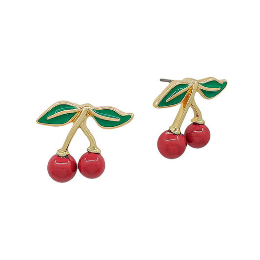 Gold with Red Cherries Stud .5" Earring