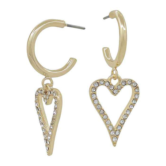 Gold Huggie Hoop with Rhinestone Heart 1" Earring