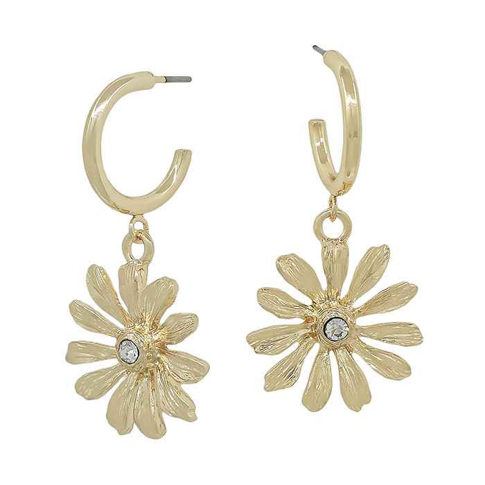 Gold Huggie Hoop with Rhinestone and Gold Flower 1" Earring