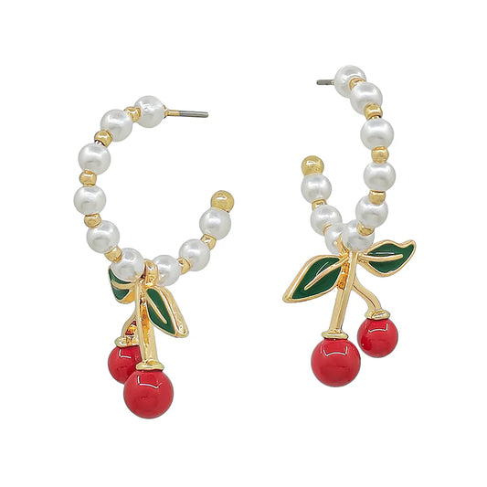 Pearl Small Hoop with Cherry Drop 1" Earring