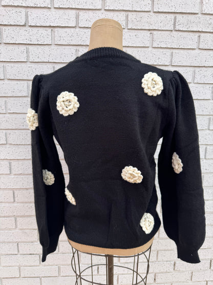 Black Sweater with White Flowers and Pearl Accents