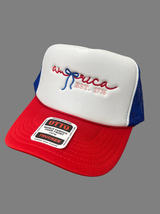 RED/WHITE/BLUE TRUCKER HAT - AMERICA EST 1776