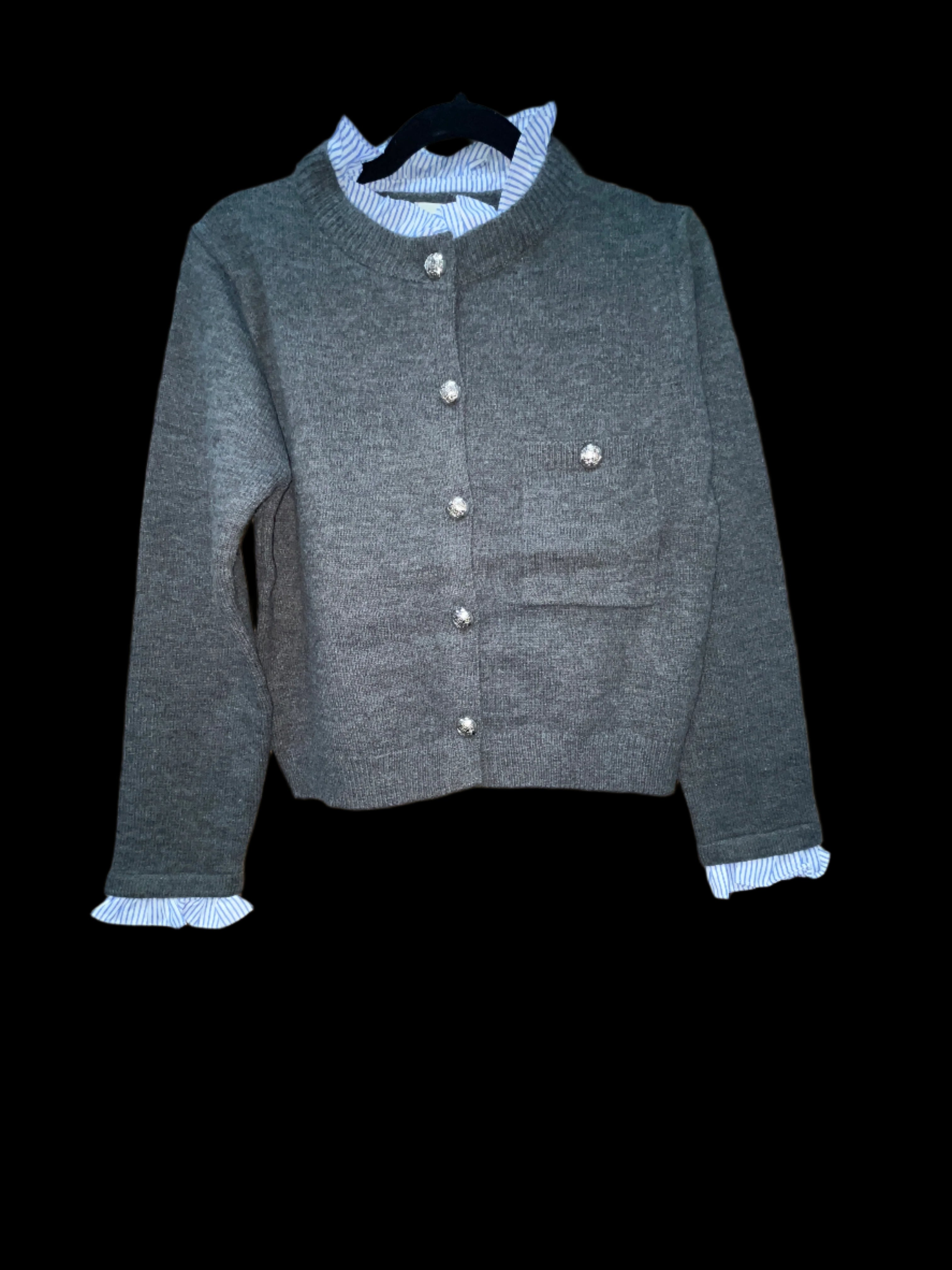 GREY BUTTON DOWN SWEATER WITH STRIPE RUFFLE COLLAR & SLEEVE TRIM