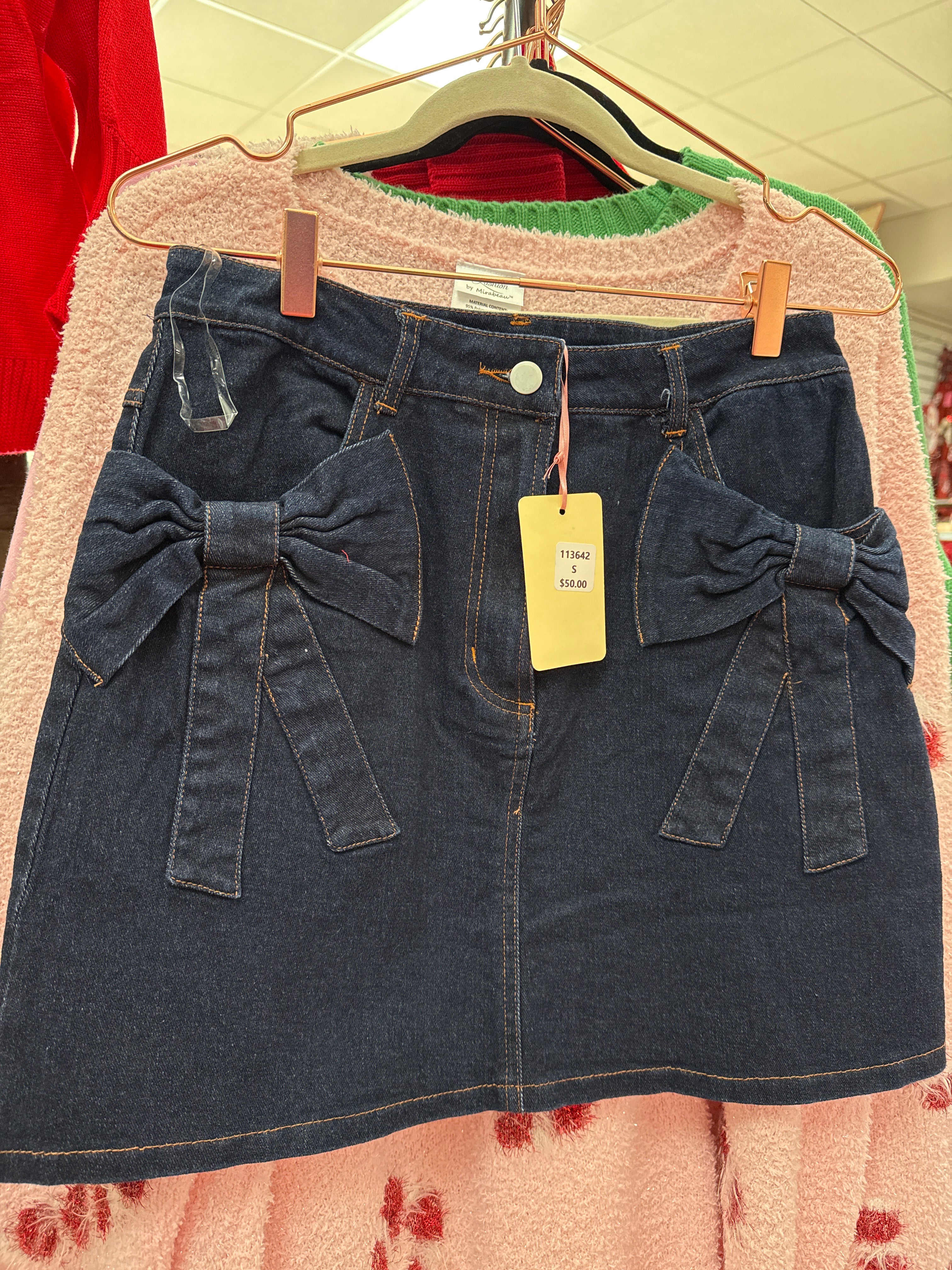 DARK DENIM SKIRT W/BOWS