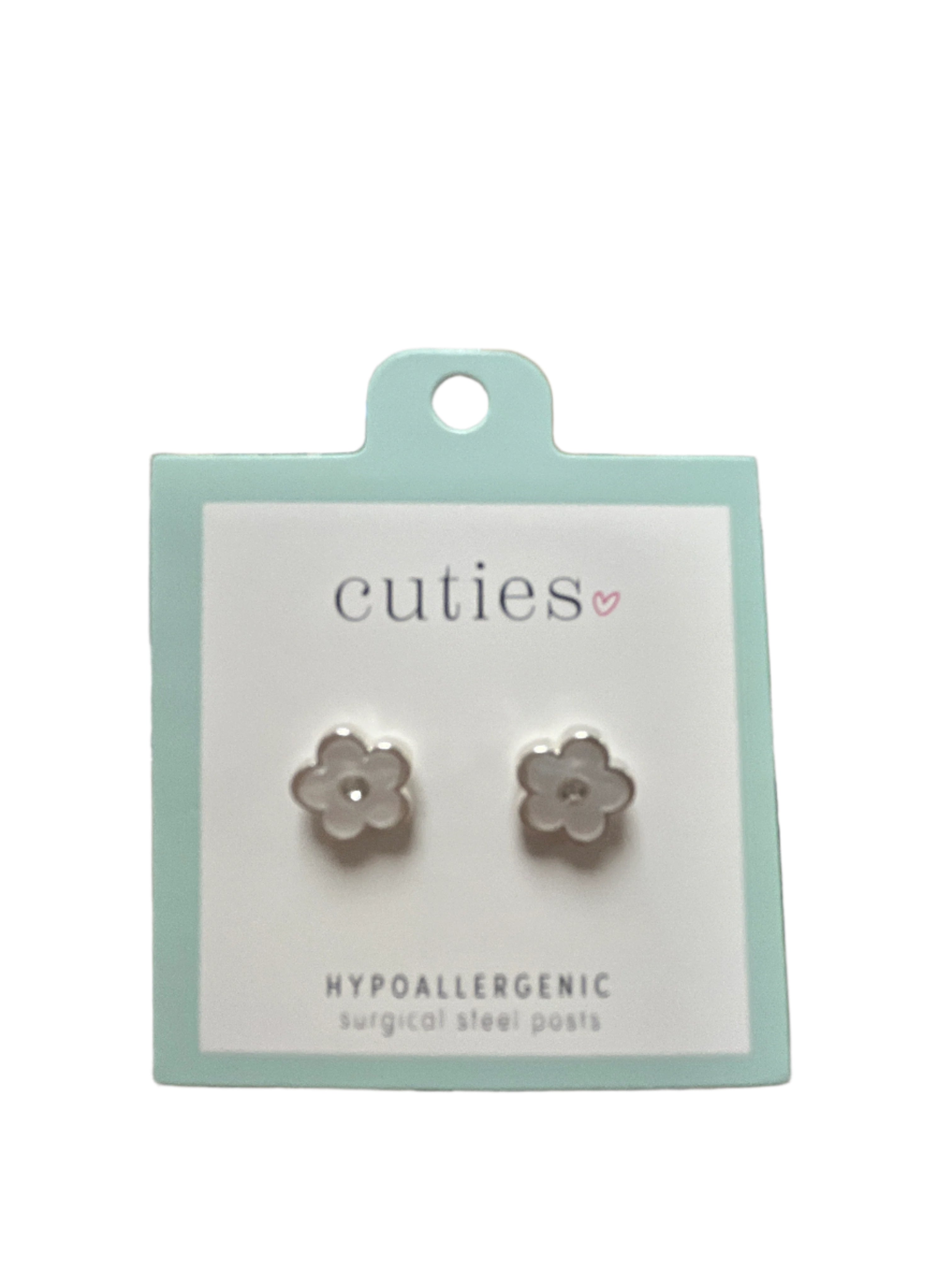 WHITE FLOWER WITH CRYSTAL CENTER EARRINGS