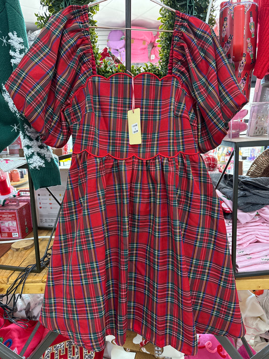 RED PLAID PUFF SLEEVE DRESS - L