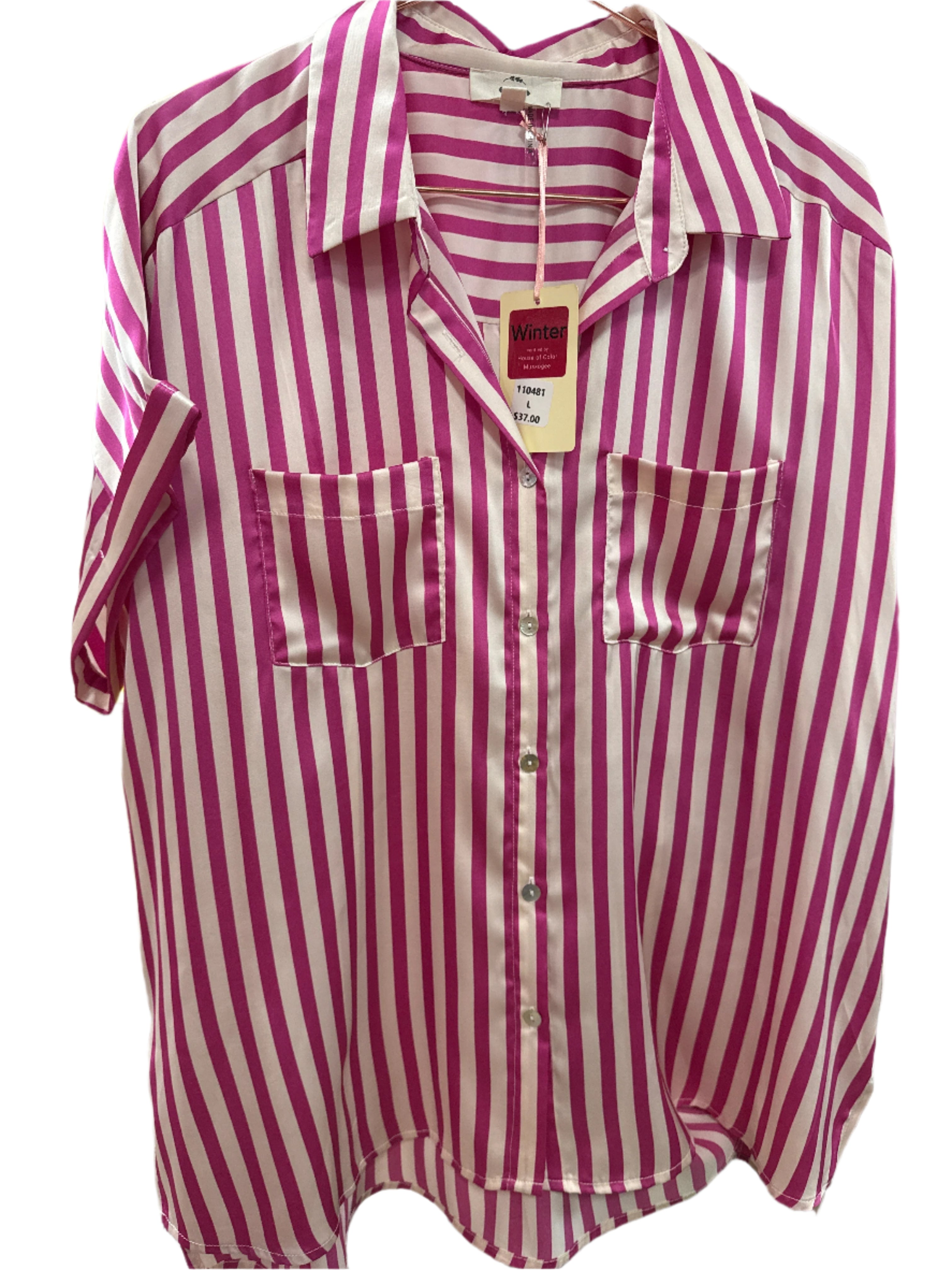 PINK STRIPE SATIN BUTTON DOWN BLOUSE
