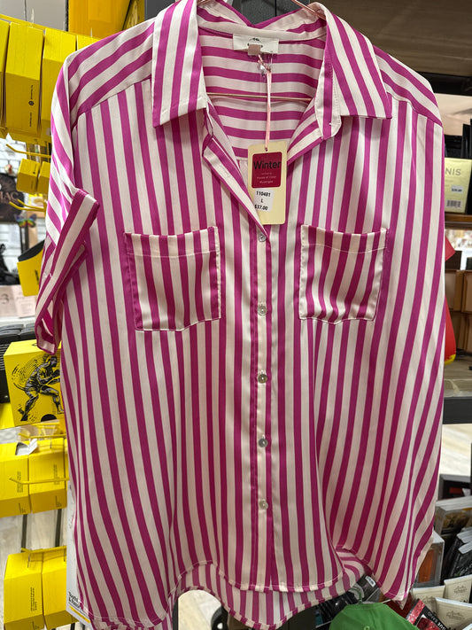 PINK STRIPE SATIN BUTTON DOWN BLOUSE