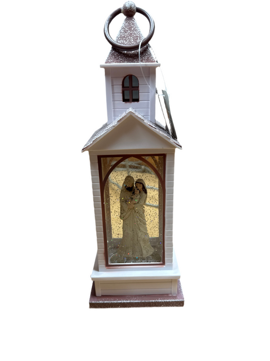 WHITE CHURCH NATIVITY SCENE GLITTER LANTERN