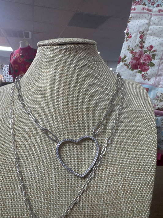 PAPERCLIP LINK COLLAR NKLC W/PAVE HEART - SILVER