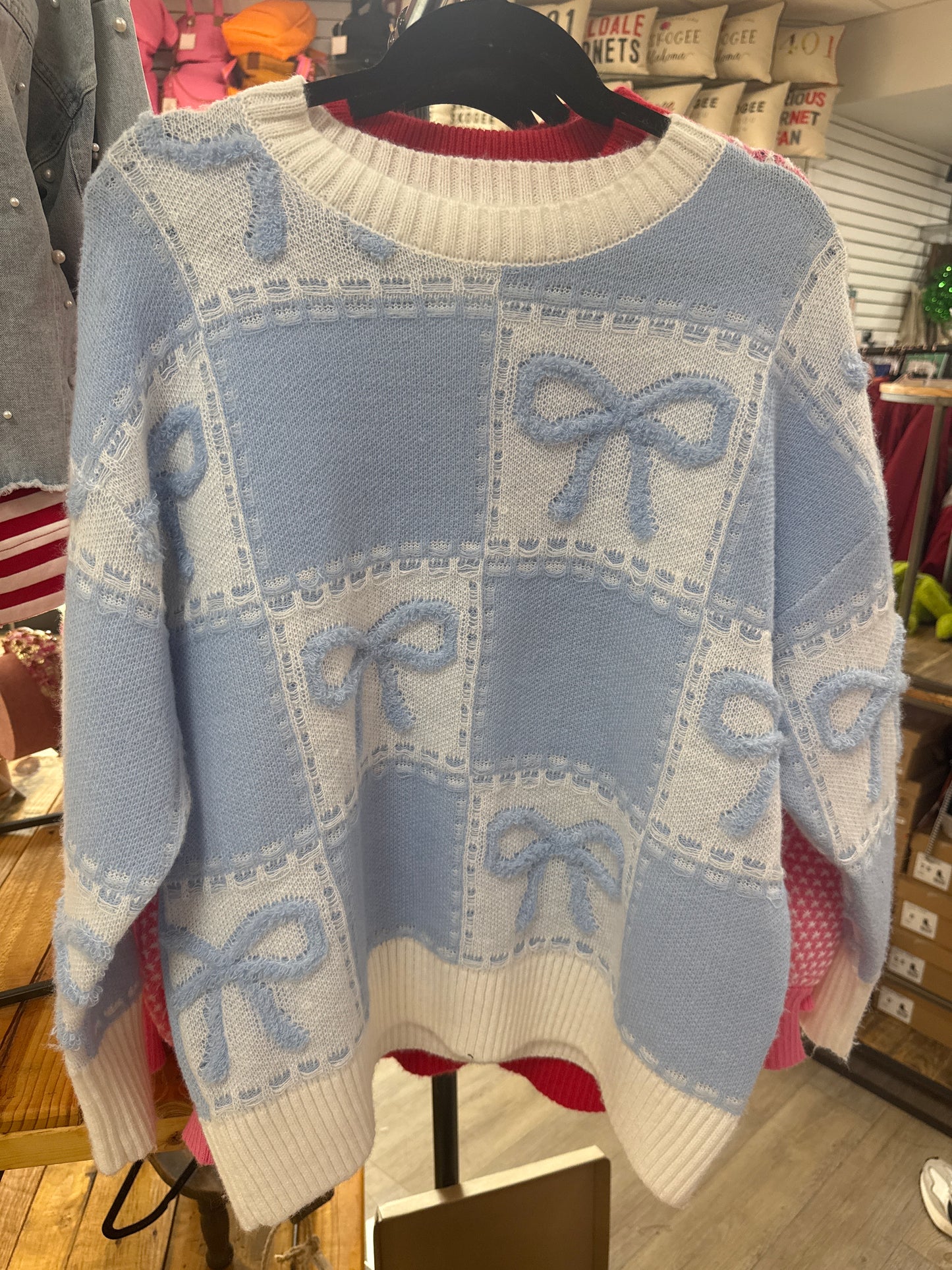 DUSTY BLUE & WHITE BOW SQUARES SWEATER