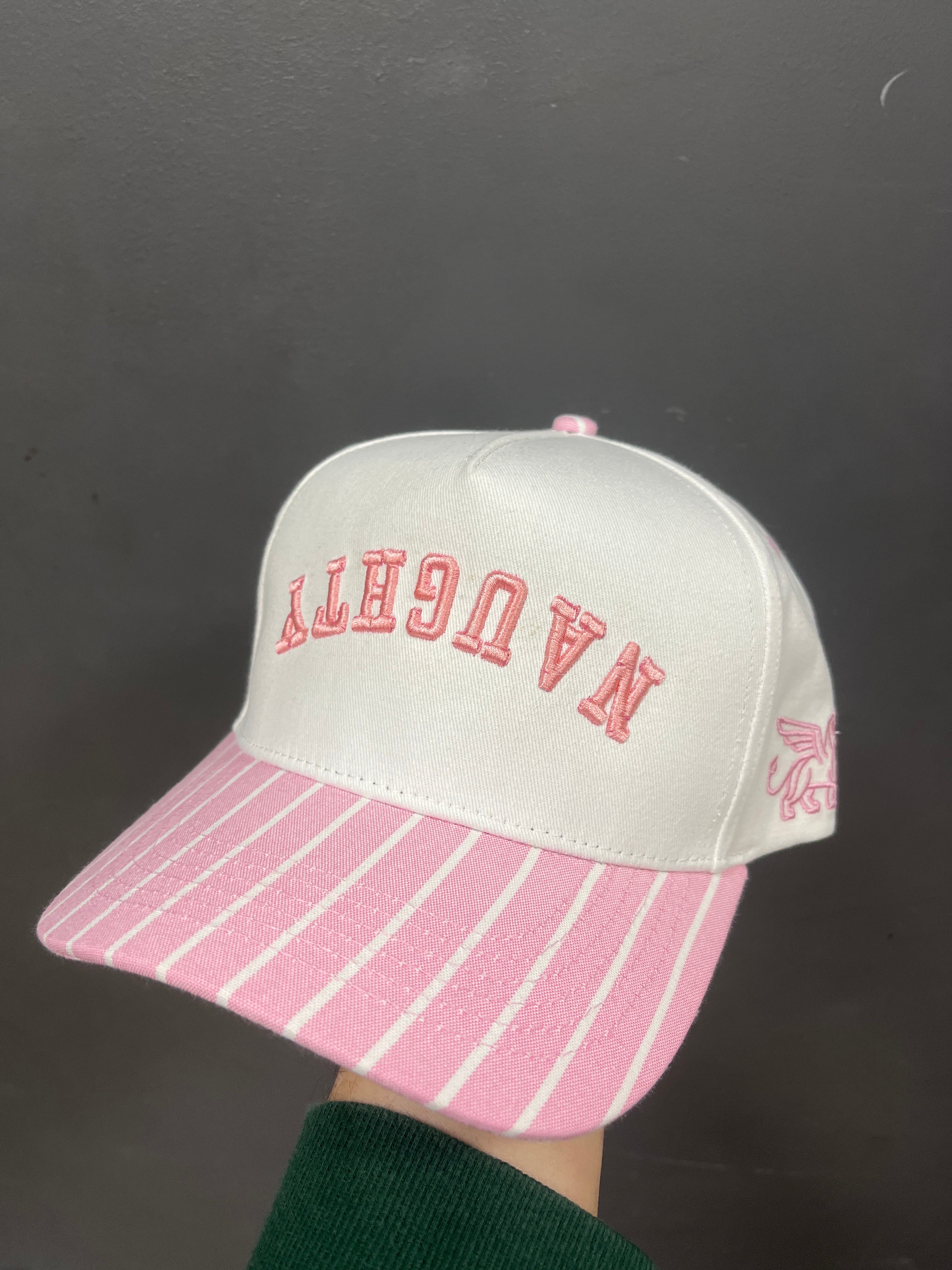 PINK STRIPED HAT - NAUGHTY BACKWARDS AND UPSIDE DOWN