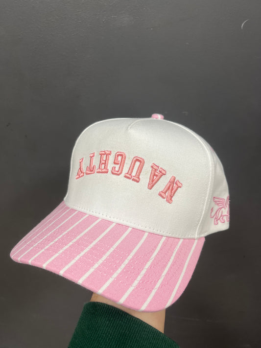 PINK STRIPED HAT - NAUGHTY BACKWARDS AND UPSIDE DOWN