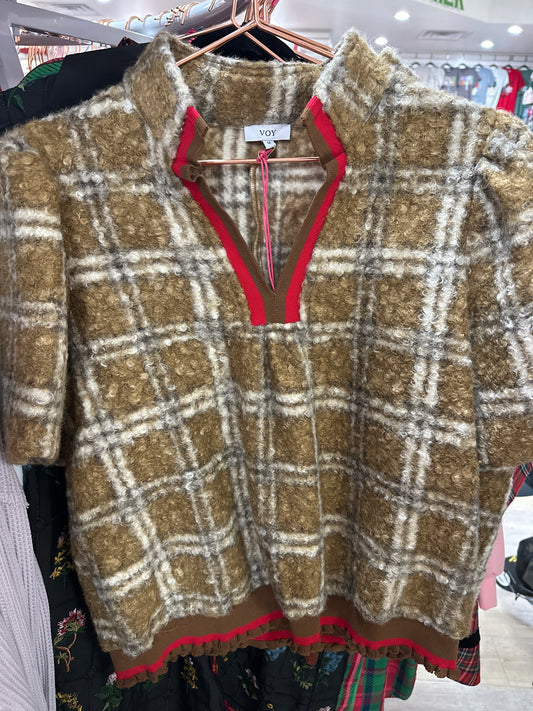 Striped Band Detailed Plaid Sherpa Top