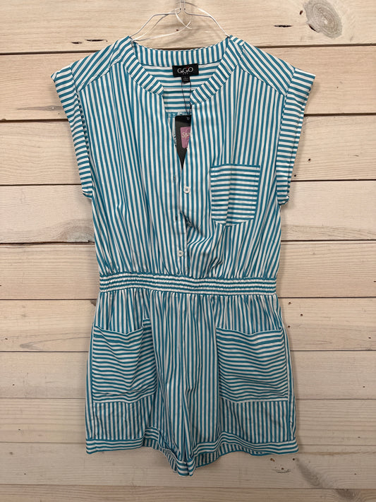 BLUE AND WHITE PINSTRIPE ROMPER