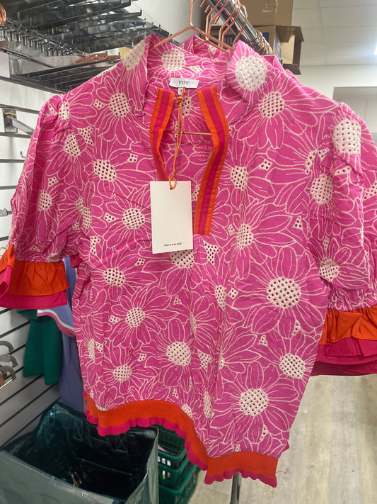 PINK COLOR BLOCK RUFFLE DETAILED FLORAL EYELET TOP