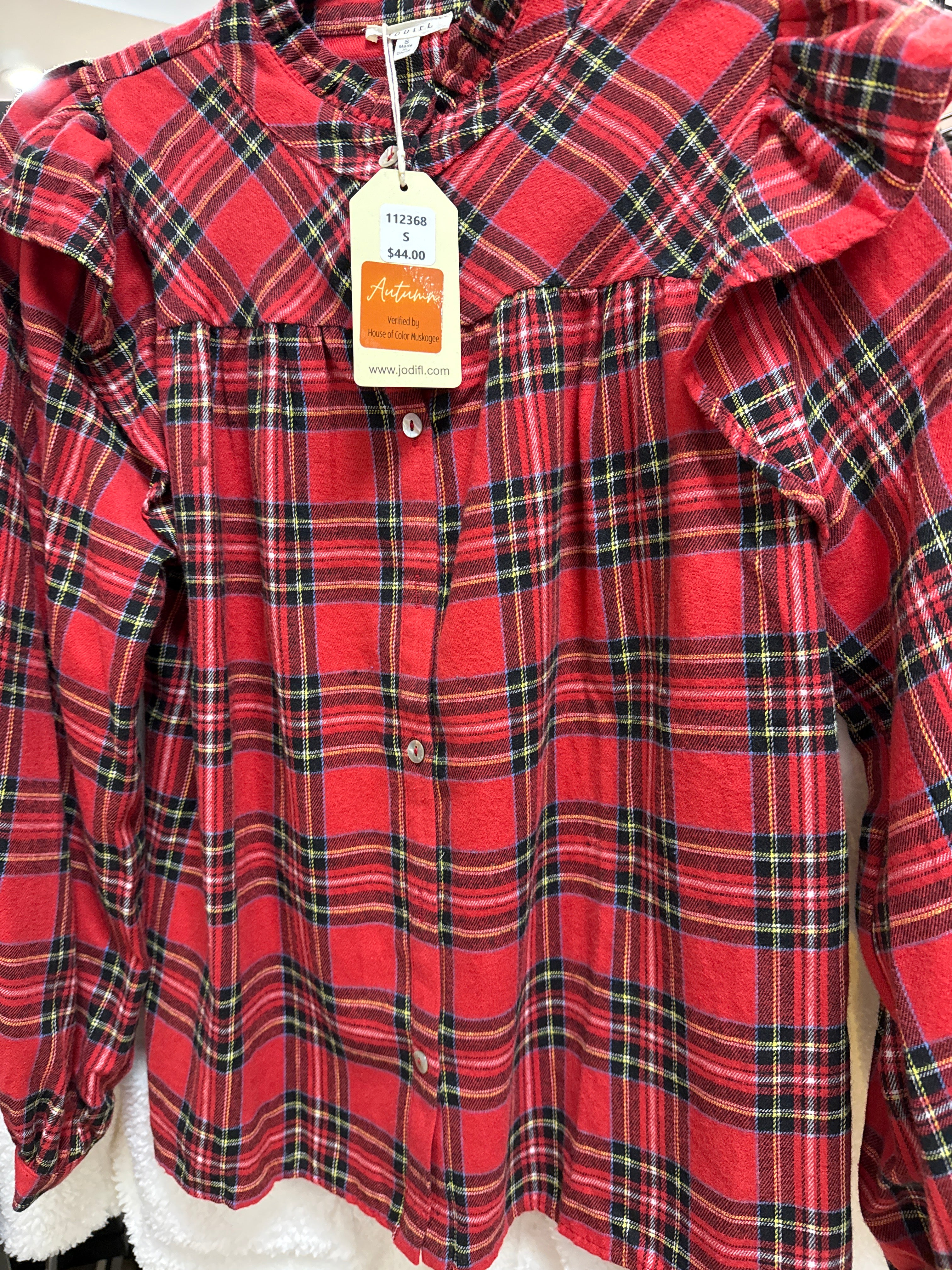 RED PLAID BLOUSE W/RUFFLE SHOULDER