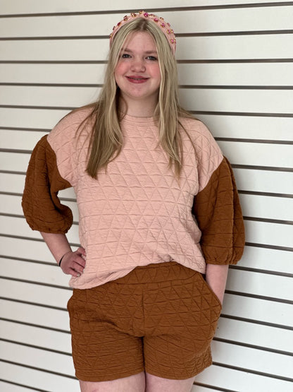 Caramel and Blush Color Block Quilted Shorts Set