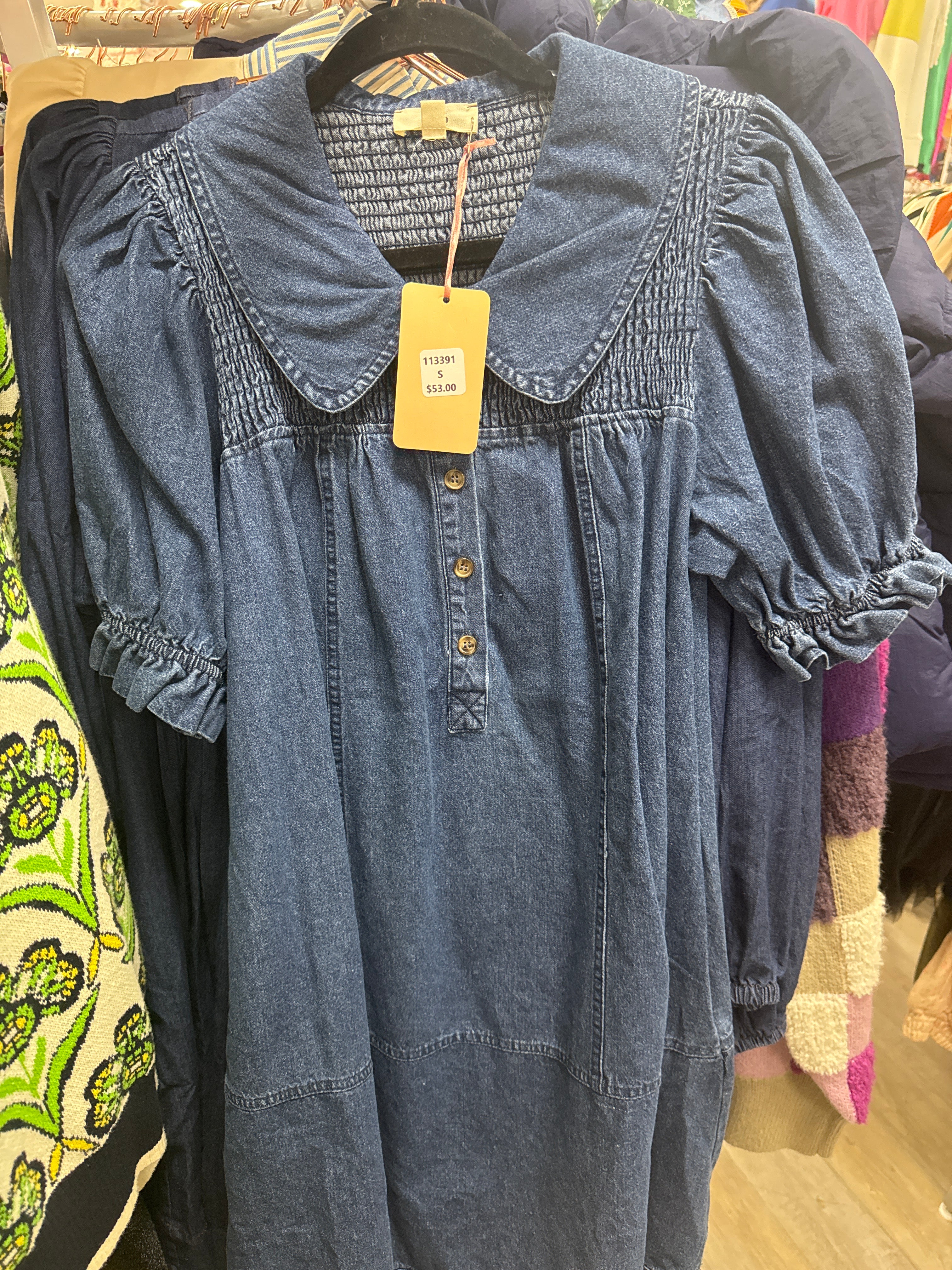 DARK DENIM DRESS W/SMOCKED TOP