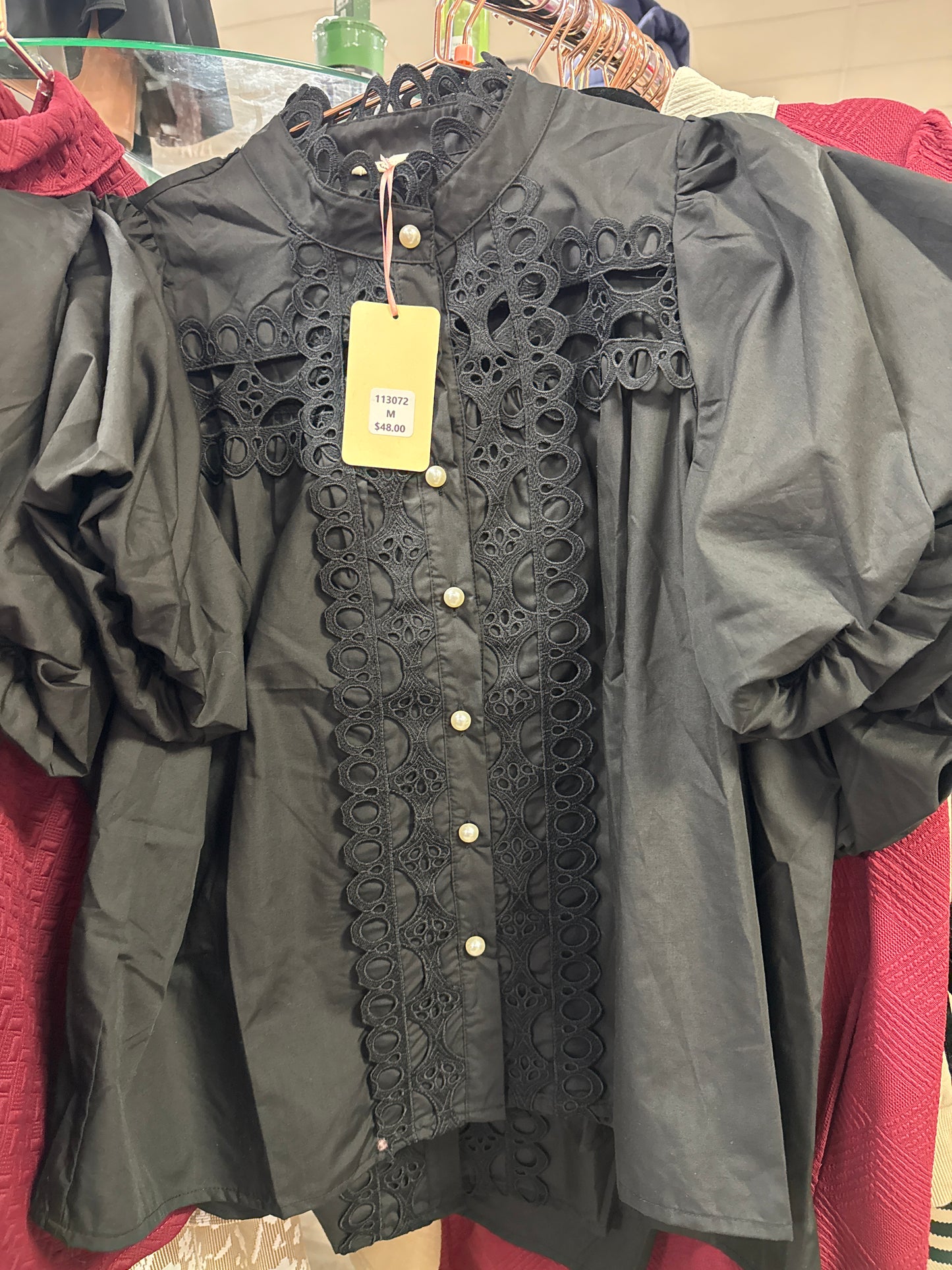 BLACK EYELET TRIM BLOUSE W/PEARL BUTTONS