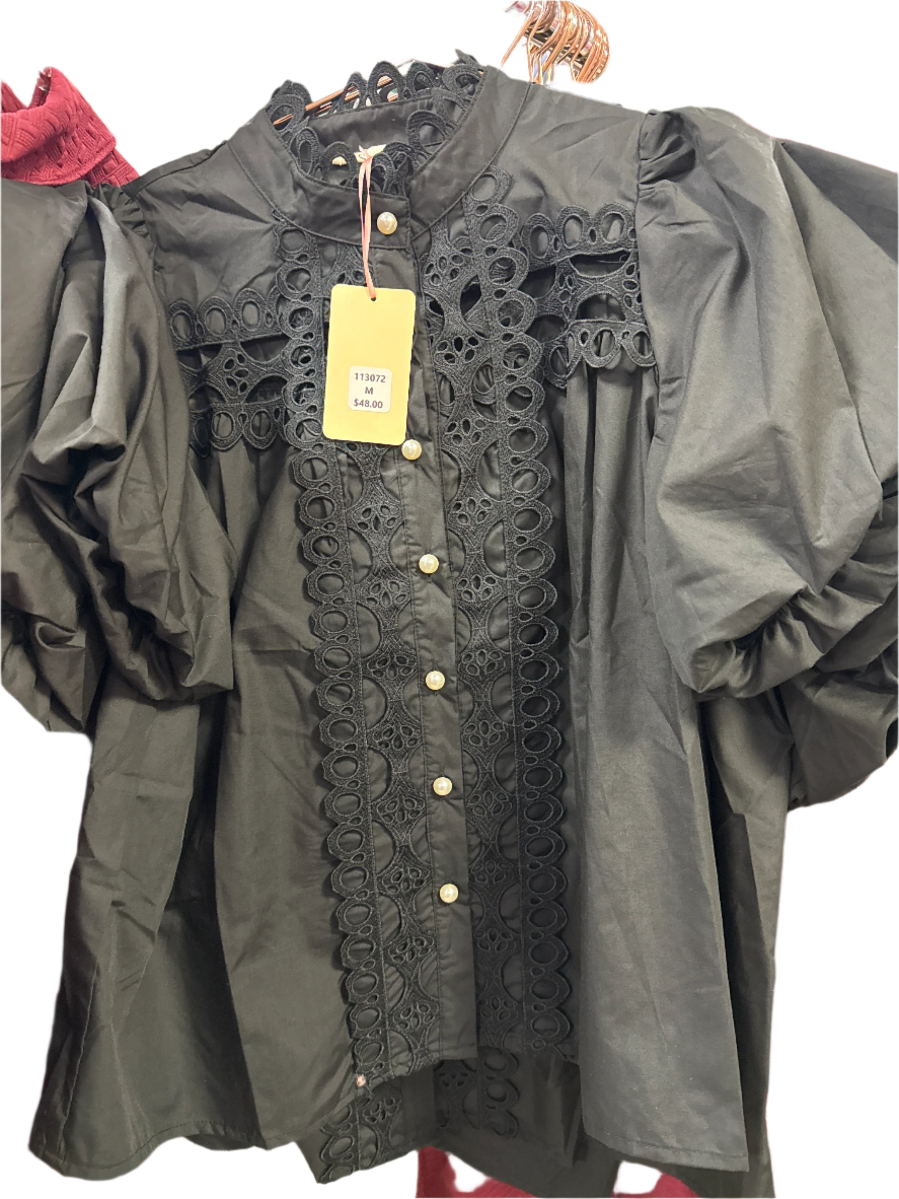 BLACK EYELET TRIM BLOUSE W/PEARL BUTTONS