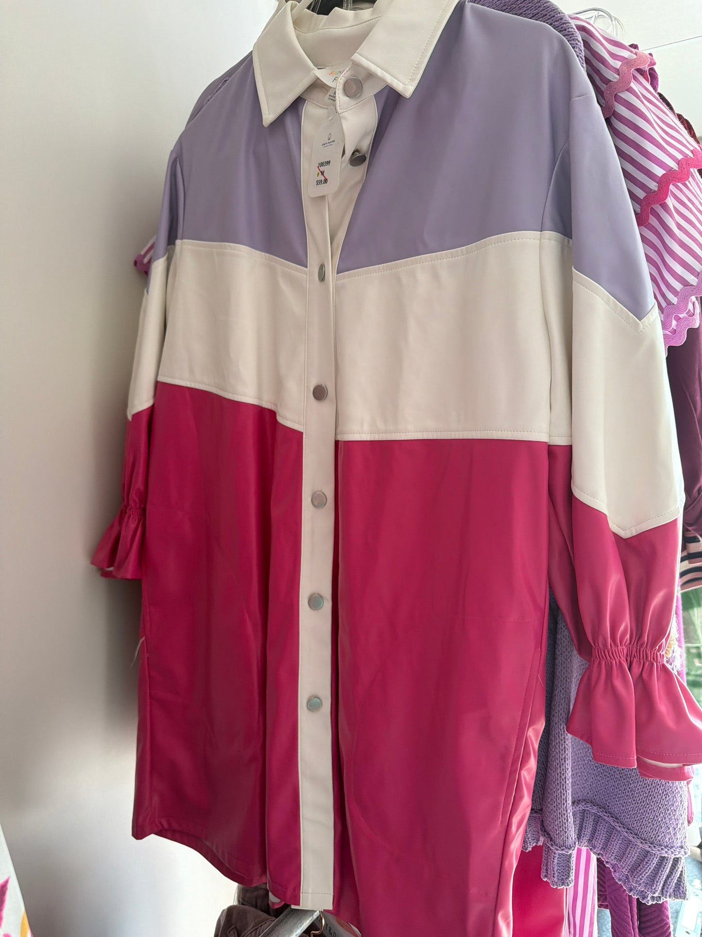 PURPLE/WHITE/PINK FAUX LEATHER DRESS