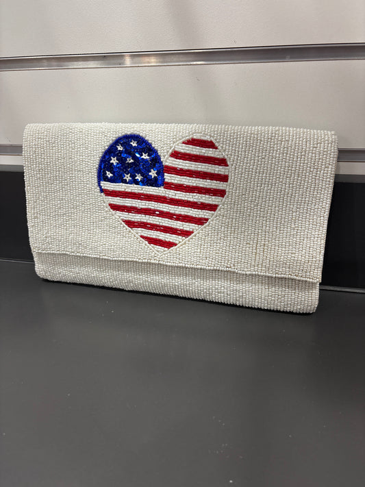 USA Heart Beaded Crossbody Clutch -White