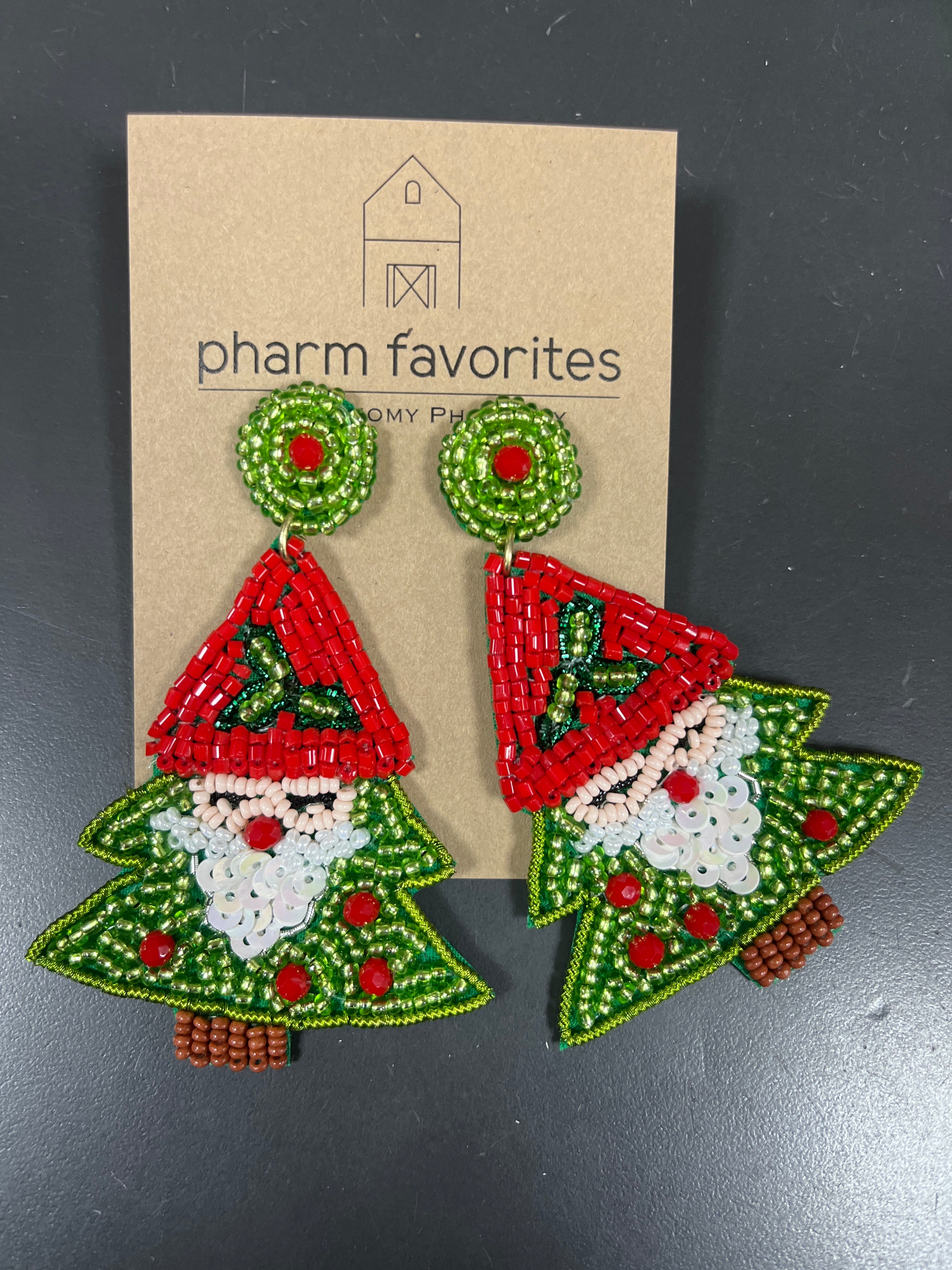 GREEN BEADED CHRISTMAS SANTA TREE EARRINGS