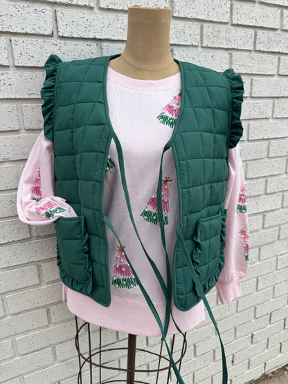 Forest Green Quilted Vest with Ruffles and Ties