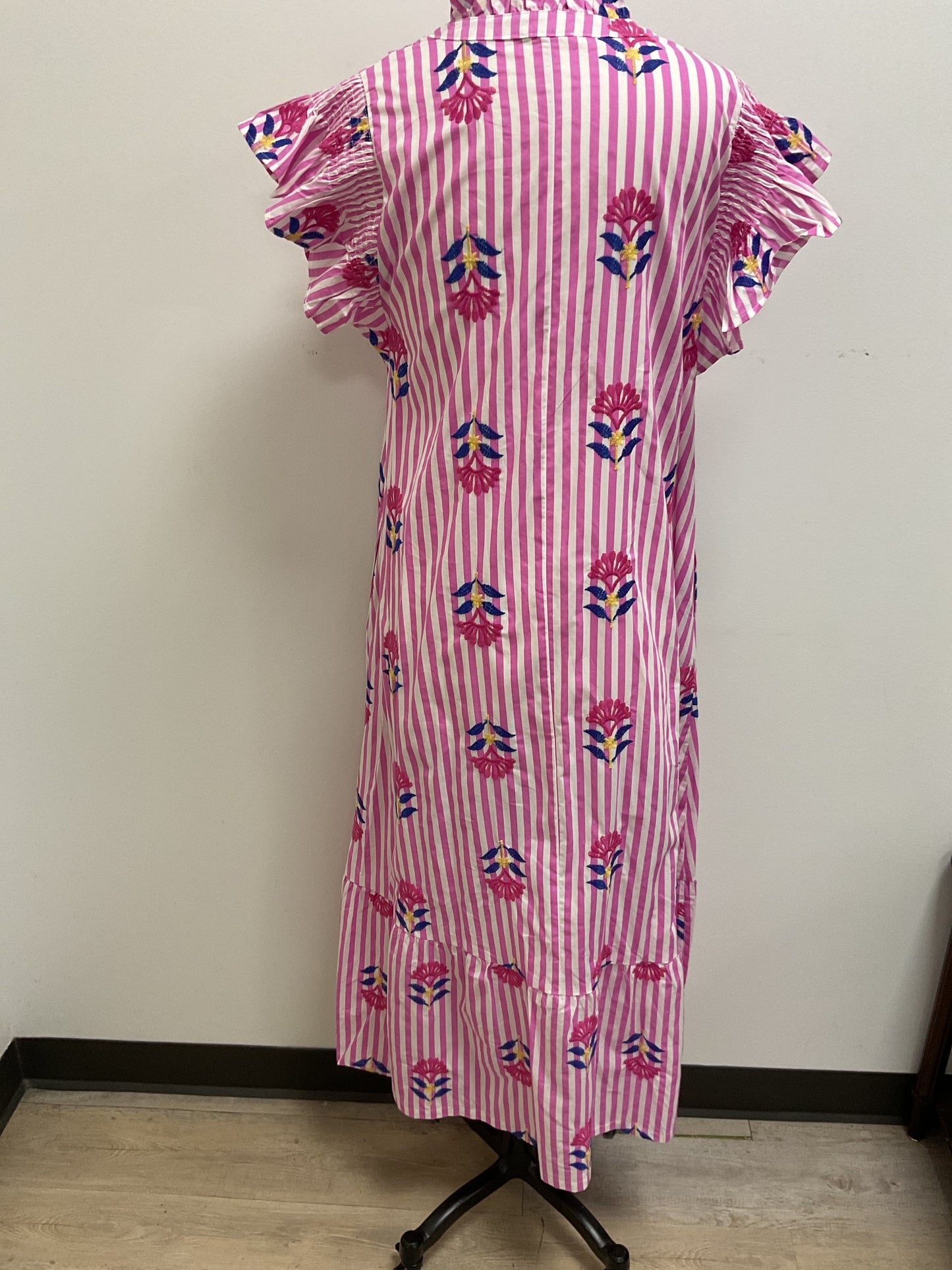 PINK STRIPE EMBROIDERED MAXI DRESS WITH FLUTTER SLEEVES