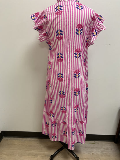 PINK STRIPE EMBROIDERED MAXI DRESS WITH FLUTTER SLEEVES