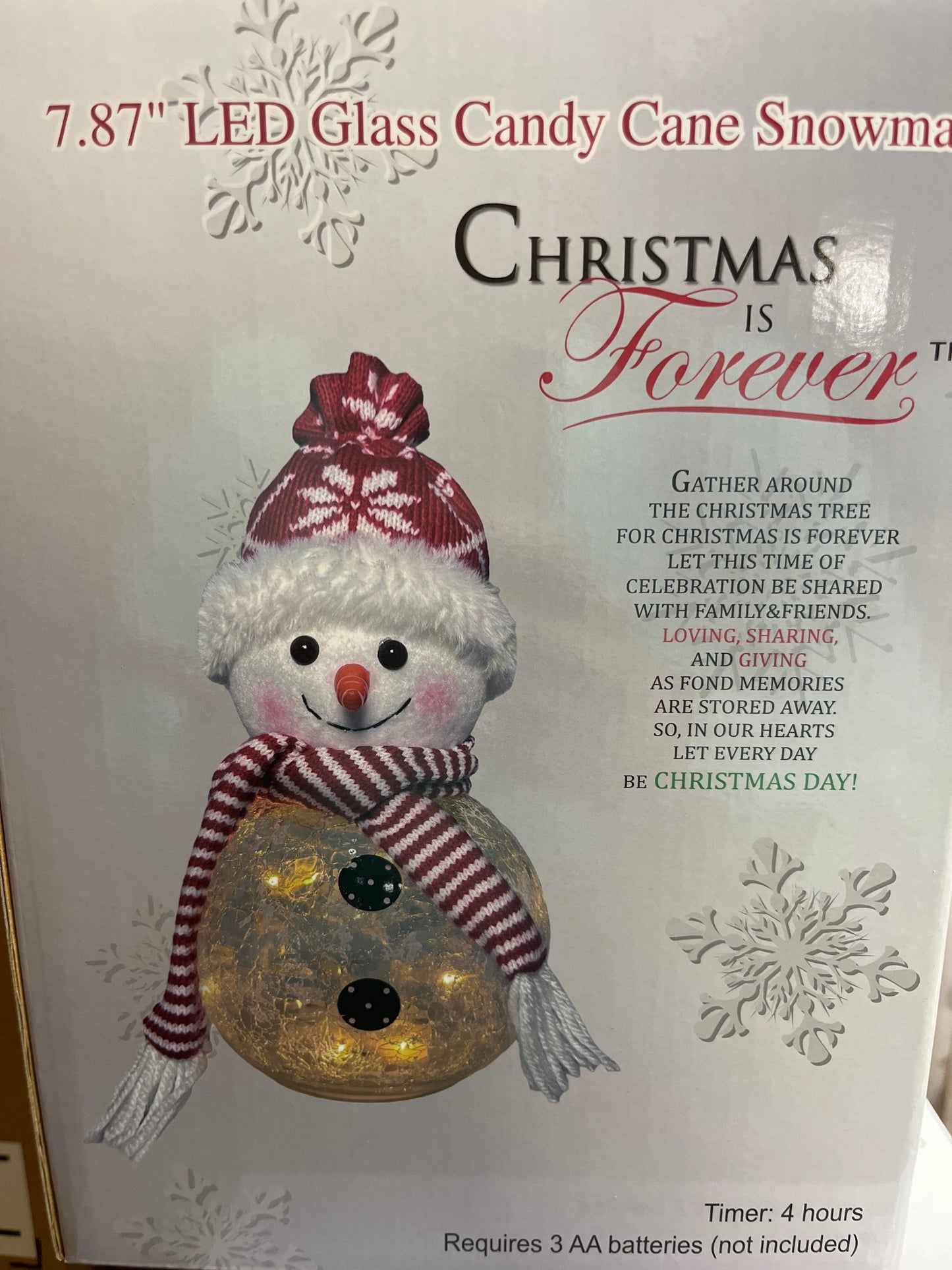 7.87" LED GLASS CANDY CANE SNOWMAN
