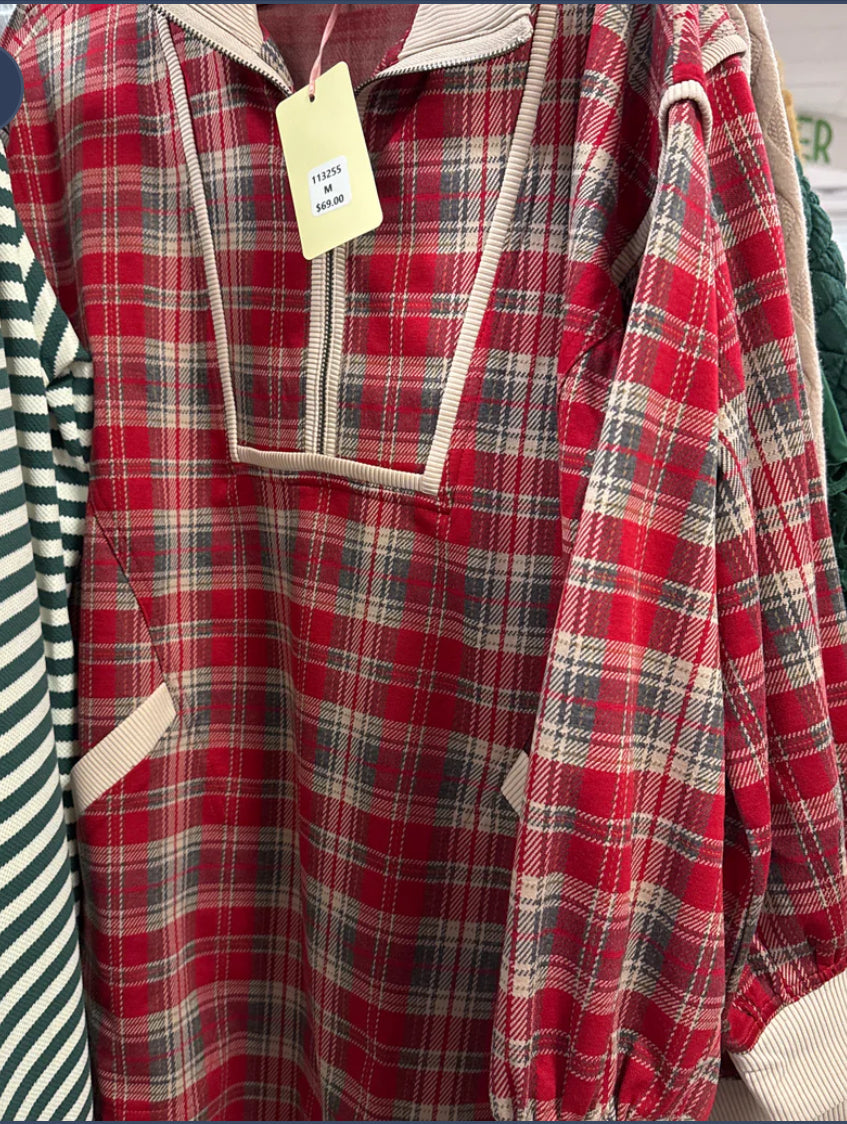 RED PLAID DRESS WITH TAN TRIM - M