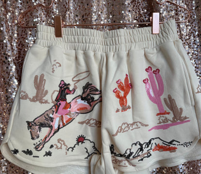 BEIGE BUCKING COWGIRL SWEATSHIRT AND SHORTS SET