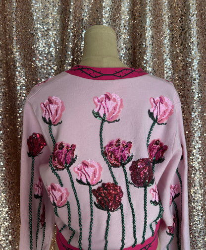 LIGHT PINK LONG STEM ROSE CARDIGAN