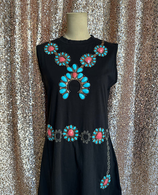 BLACK TURQUOISE NECKLACE AND BELT TANK DRESS