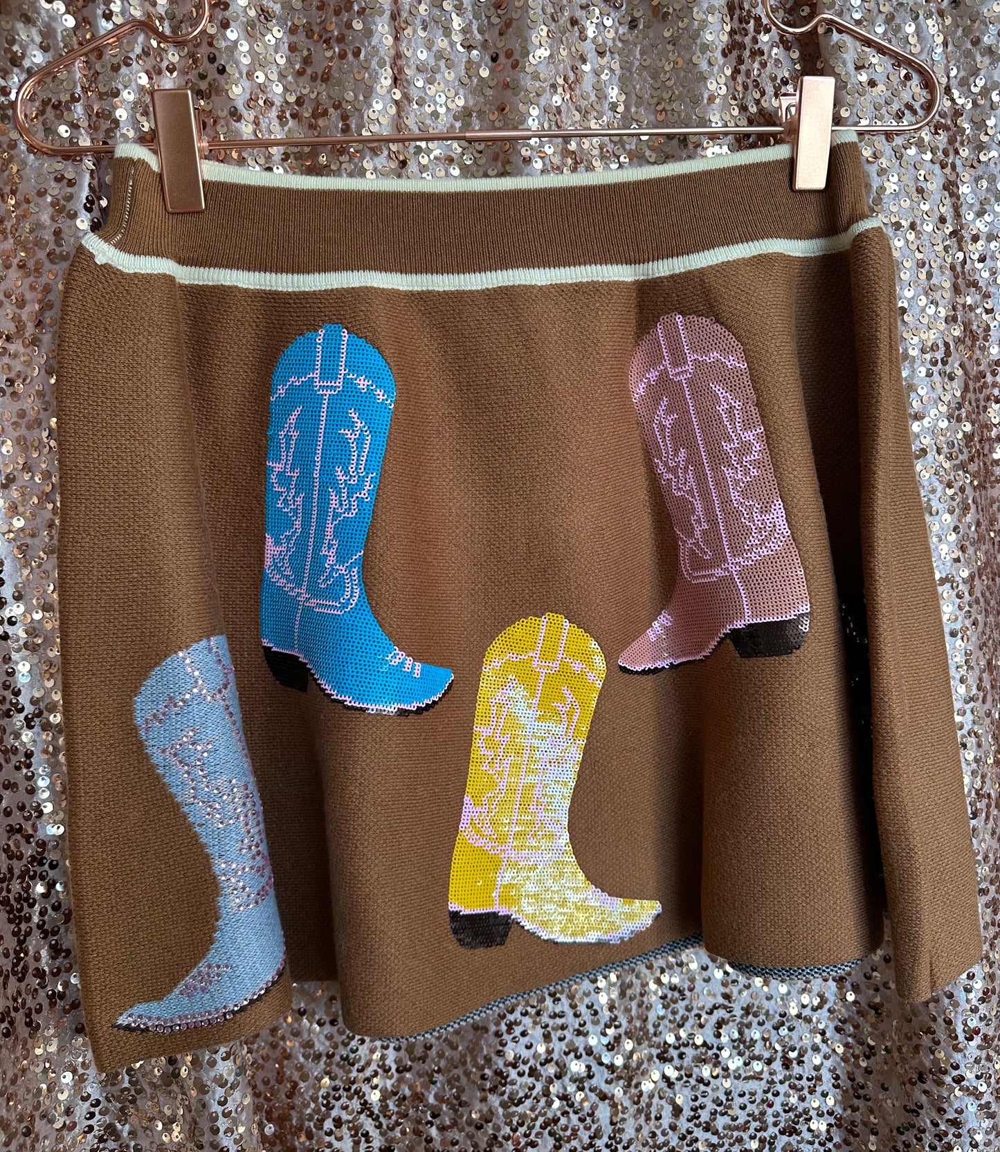 BROWN MULTI COWBOY BOOT KNIT CARDIGAN & SKIRT SET