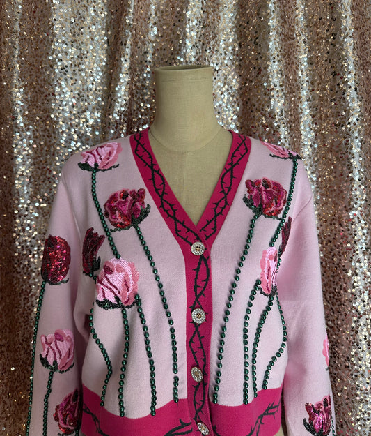 LIGHT PINK LONG STEM ROSE CARDIGAN