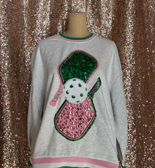 GREY GREEN AND PINK JEWELED SPORT STRIPE PICKLEBALL SWEATSHIRT