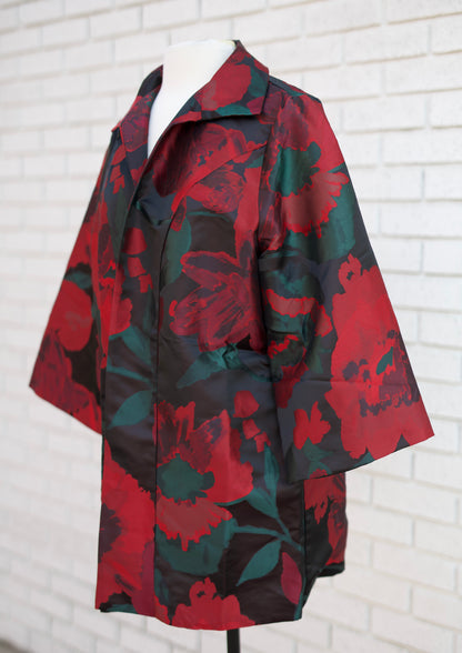 3/4 FLORAL JACQUARD PRINT KIMONO JACKET - RED MIX