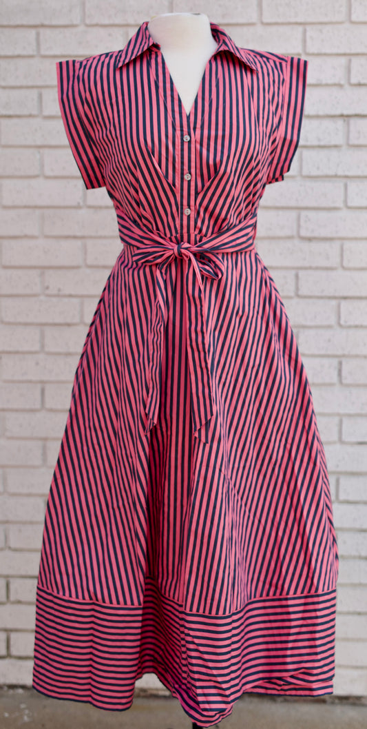 PINK PINE STRIPED CAP SLEEVE MIDI DRESS