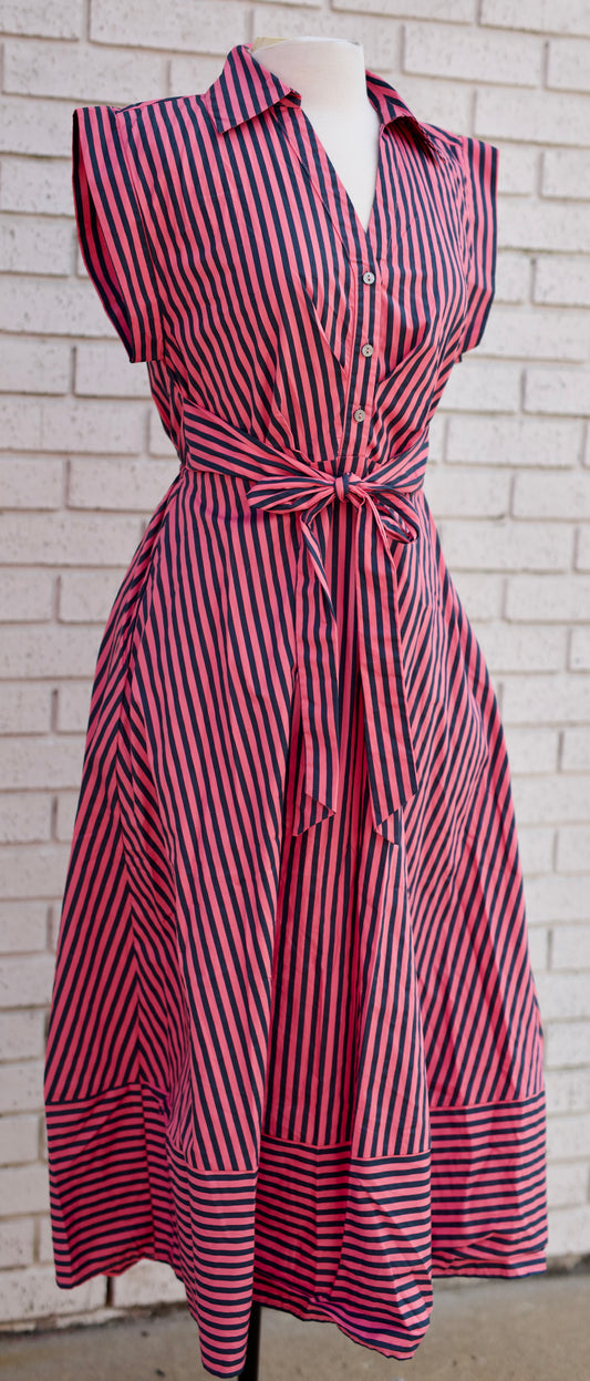 PINK PINE STRIPED CAP SLEEVE MIDI DRESS