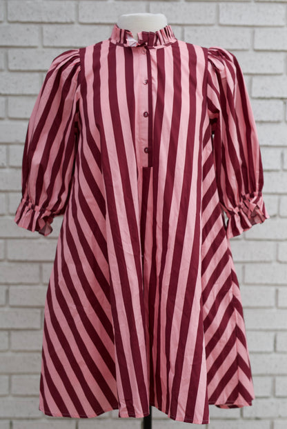 PINK WINE STRIPE 3/4 PUFF SLEEVE MINI DRESS