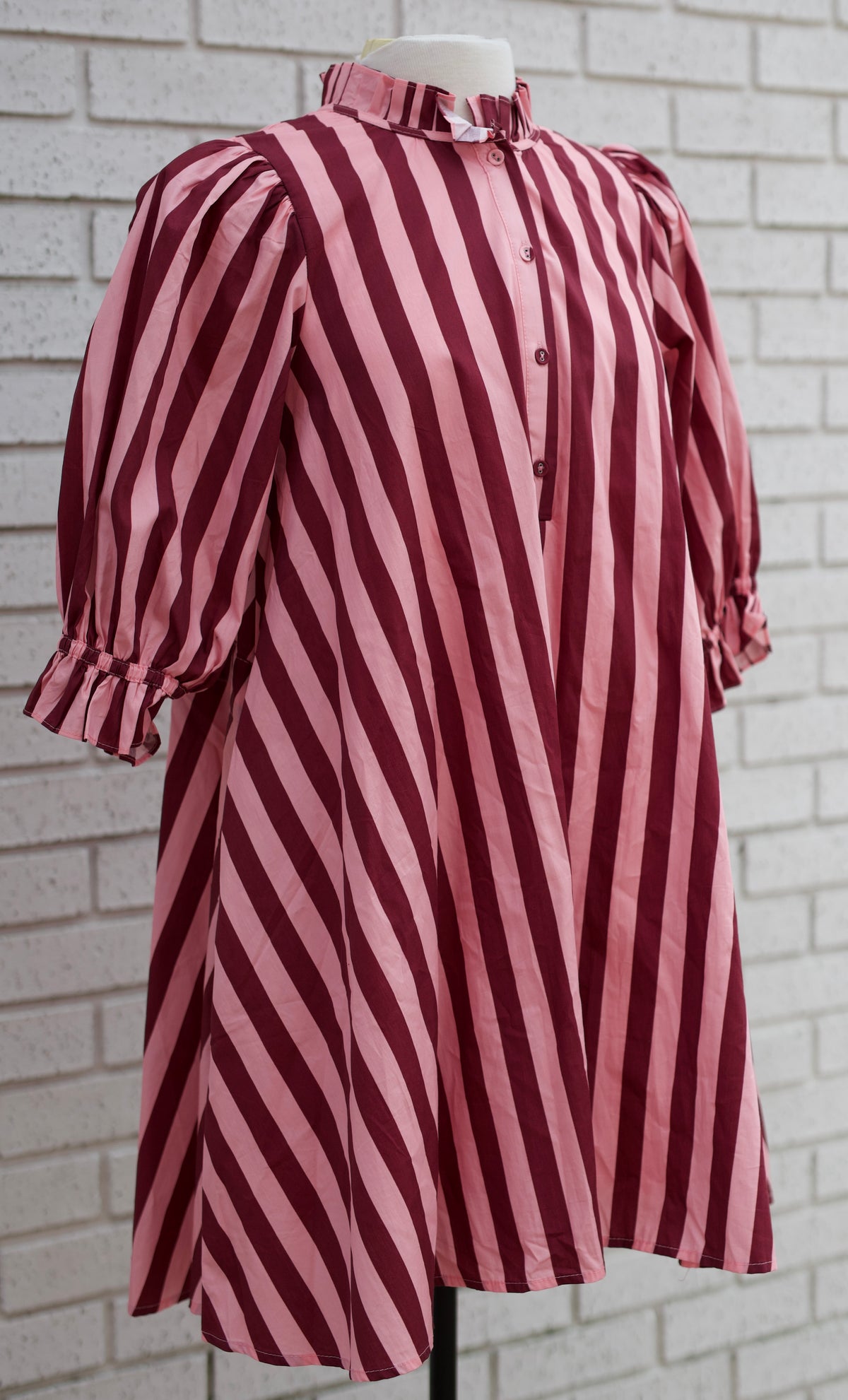 PINK WINE STRIPE 3/4 PUFF SLEEVE MINI DRESS